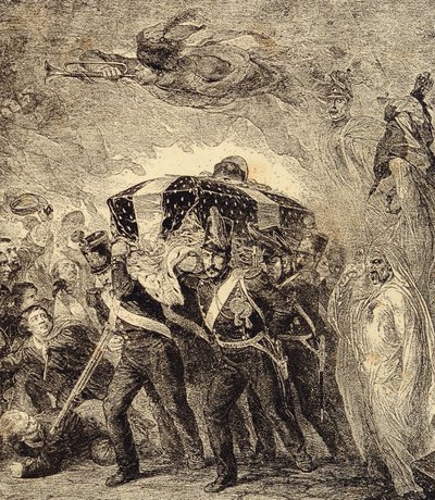 Alegoria da devolução das cinzas do imperador francês Napoleão Bonaparte em 1840. Século XIX (gravura de "Clours, mores, usages, costumes, inventions de French School