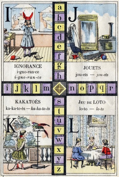 Alfabeto e letra I J K e L, ignorância, brinquedos, kakatoes e jogo de loto. ABC das garotinhas. Imagens epinais. de French School