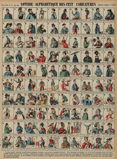 Lotaria alfabética de uma centena de caricaturas (gravação a cores) de French School