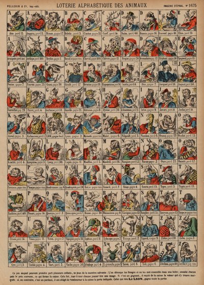 Lotaria alfabética de animais (gravura colorida) de French School