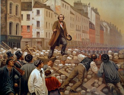 Alphonse Baudin (1811-1851) na barricada do Faubourg Saint Antoine em 3/12/1851 durante o golpe de Estado de Luís Napoleão III (Luís-Napoleão Bonaparte) Gravura de 1851 de French School