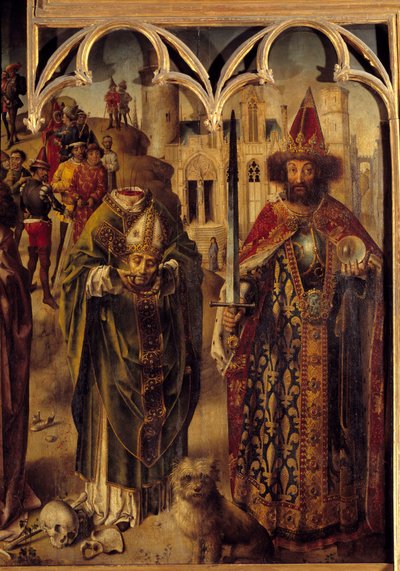 Altarpe do Parlamento de Paris: detalhe da parte direita representando o mártir cristão São Dinis de Paris (século III) é decapitado e tem a cabeça nas mãos, ao lado do Imperador Carlos Magno (742-814) como imperador bizantino. O cão é um de French School