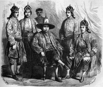 Embaixadores do Sião (Tailândia) durante a sua visita a Paris em 1858. Gravura no "Le Monde Illustré" n°49 de 20 de Março de 1858. de French School