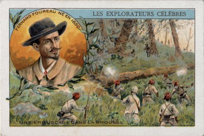 Emboscada no mato africano durante uma expedição do explorador francês Frenand Fourreau (1850 - 1914). Cromolitografia do século XIX. de French School