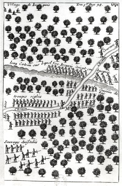 Emboscada dos iroqueses, de &39;Diálogo do Barão de Lahontan e um Selvagem na América&39;, publicado em Amsterdã 1704 (gravura) (foto bw) de French School
