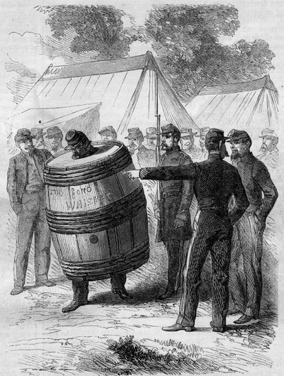 Guerra Civil Americana (1861-1865): punição de um soldado bêbado do exército da Confederação. Ele está usando um trespassador de barril e caminhante pelo acampamento sob o olhar divertido de outros soldados. Gravura no "Le Monde Illustré" n°276 de 26 de ju de French School