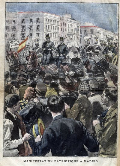 Guerra Hispano Americana (ou Desastre de 1898) - manifestação patriótica em Madrid em 1898 na presença da Rainha Maria Christine de Espanha (1858-1929) - gravura em "La petite Gironde" de 1898 de French School