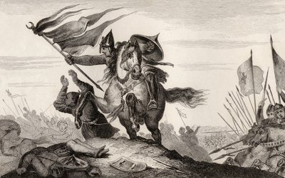 Um cavaleiro francês do século VIII em combate, da "Histoire de France" de Colart, publicada por volta de 1840 (gravura) de French School