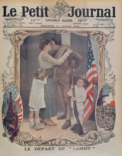 Um soldado americano partindo para a Europa durante a 1 ª Guerra Mundial, ilustração da capa do Le Petit Journal, 13 de janeiro de 1918 de French School