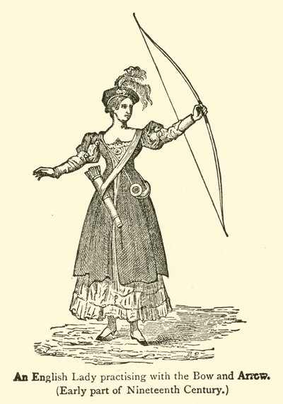 Uma senhora inglesa praticando com o arco e flecha, no início do século XIX (gravura) de French School