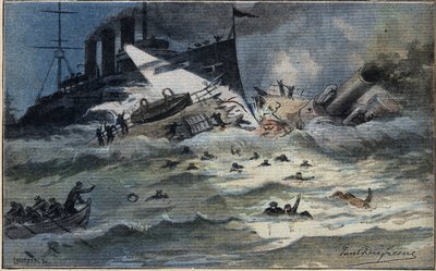 Um torpedo inglês cortado ao meio, do jornal " Le Petit Parisien". de French School