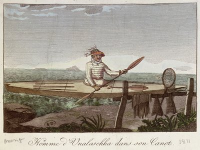 Um habitante da ilha de Unalaska em sua canoa, 1811 de French School