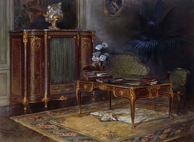 Um Interior com um Gabinete Plat e Parquetry, estilo Luís XV, montado em Ormulu e Platina e Bibliotheque43.4cm., de French School