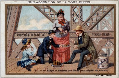 Uma ascensão da Torre Eiffel: uma leva forças no 1º andar - chromo. Liébig, deb. Século XX de French School