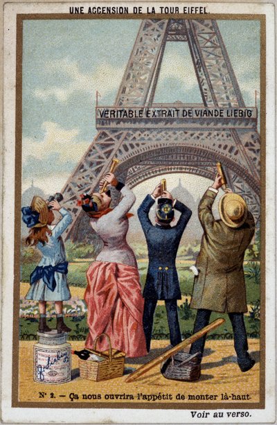 Uma ascensão da Torre Eiffel: você pode ver a altura da torre na vista longa - cromo. Liebig, deb. Século XX de French School