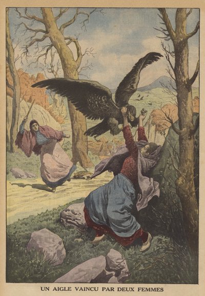 Uma águia derrotada por duas mulheres (cor litho) de French School