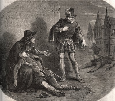 Um emissário do Rei de França Henrique III (1551-1589) foi encontrado morrendo nas ruas de Roma em 1582. Ele trazia uma mensagem comprometedora do rei a respeito de sua irmã, Marguerite de Valois (1553-1615), conhecida como Rainha Margot. Gravura de 1871 e de French School