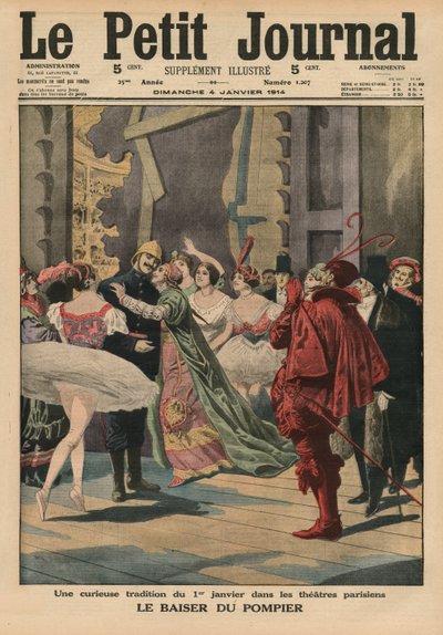 Uma estranha tradição de 1º de janeiro nos teatros parisienses, o &39;Fireman Kiss&39;, ilustração da capa do &39;Le Petit Journal&39;, suplemento ilustrativo, 4 de janeiro de 1914 de French School