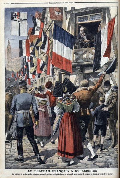 Um antigo soldado francês em Estrasburgo ocupada pela Alemanha pode exibir a bandeira francesa - "Le Petit Journal" 20 de Setembro de 1908 (gravura) de French School