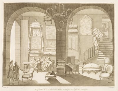 Uma loja de estofadores, da Encyclopédie des Sciences et Metiers de Denis Diderot (1713-84), publicada em 1770 de French School
