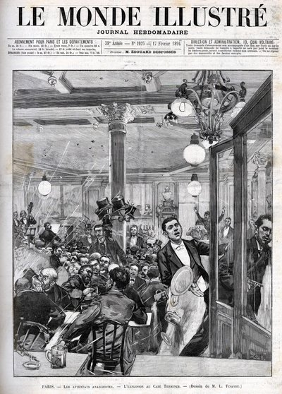 Ataques anarquistas em Paris, em fevereiro de 1894. A explosão no Café Terminus. "O Mundo Ilustrado", de 17 de Fevereiro. de French School