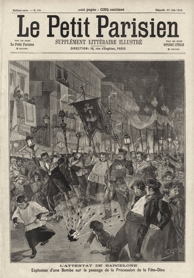 Ataque anarquista à bomba na procissão de Corpus Christi deixando a Igreja de Santa Maria, Barcelona, Espanha de French School