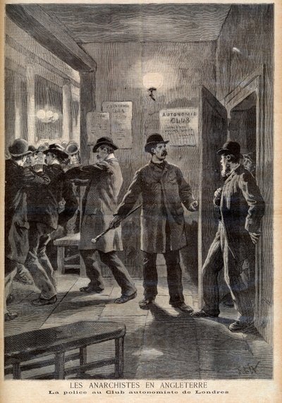 Anarquistas na Inglaterra. A polícia invadiu o Autonomy Club em Londres. Os anarquistas em Inglaterra. A polícia no Clube Autónomo de Londres. Ilustração para o Le petit Journal, 5 de Março de 1894. de French School