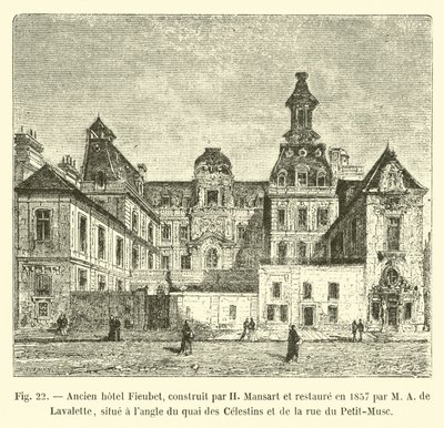 Antigo hotel Fieubet, construído por H Mansart e restaurado em 1857 por MA de Lavalette, localizado no Quai des Celestins e rue du Petit-Musc de French School