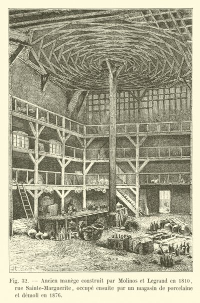 Antigo manege construído por Molinos e Legrand em 1810, rue Sainte-Marguerite, então ocupado por uma loja de porcelana e demoli em 1876 de French School