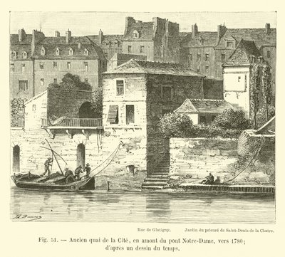 Old Quai de la Cité, a montante da Ponte Notre-Dame, por volta de 1780; dapres um desenho do tempo de French School