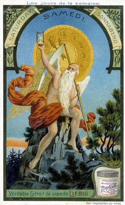 Ancient Divinity segurando uma ampulheta como um símbolo do tempo passando para ilustrar o sábado. Cartão publicitário da Liebig Chromolithographic. de French School