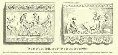 Antigos baixos-relevos romanos representando uma vindima e uma cena nos campos (gravura) de French School