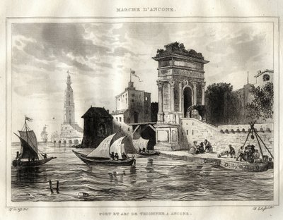 Ancona - Ancona - Itália - O Arco de Trajano, antiga obra romana atribuída a Apollodoro - O Arco é colocado em Ancona - Gravura de "Itália Pitoresca" - Pintura Histórica e Descritiva da Itália" de M. de Norvins, Ch. Nodier 1834-1836. de French School