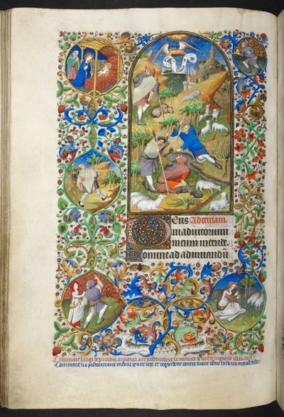 Anúncio aos pastores, Add Ms 18850 f.70v Livro de horas (The Bedford Hours) c.1410-30 (tinta, cor e ouro sobre velino) de French School