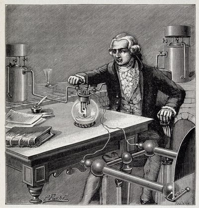 Antoine Laurent de Lavoisier (1743-1794) conduzindo uma experiência - em "Physique populaire" de Emile Desbeaux de French School