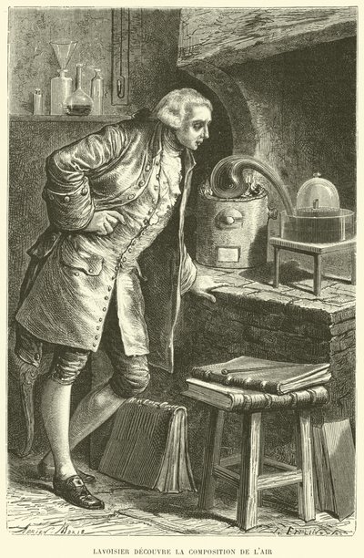 Antoine Lavoisier descobre a composição do Ar (gravura) de French School