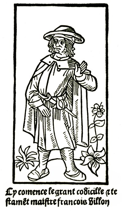 Retrato apócrifo do poeta François Villon em "O Grande Testamento" - "Cy comence le grant codicille & testamet maistre François Villon"". (aqui começa o grand codicille et testament) edição P Levet 1489 (xilogravura) de French School