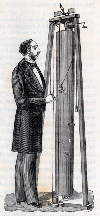 Aparelho de Arthur Jules Morin (1795-1880) para o estudo da queda dos corpos - Gravura em "Ciências trazidas às graças de todos - Física e química popular" por Alexis Clerc - Final do século XIX - Coleção privada de French School