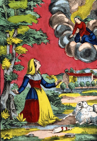 Aparição da Santíssima Virgem à Santa Irmã Benoite, conhecida como a Pastorinha das Laus. Imagem de Epinal, primeira metade do século XIX de French School