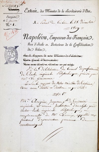 Nomeação por Napoleão de André Marie Ampère como inspector da Polytechnique - Menção Obrigatória: Arquivos da Bibl. de l