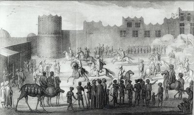 Arab Fighters Exercising no Iêmen, da Description of Arabia, feita com base em observações e opiniões coletadas nos mesmos lugares por Carsten Niebuhr, publicado em 1774 de French School