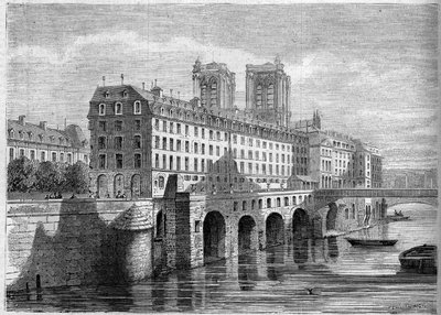 Arquitectura: vista exterior do Hotel Dieu na Ile de la Cite, em Paris, antes da sua demolição. Vista tirada do Quai de la Tournelle em 1859. Gravura no "Le Monde Illustré" n°136 de 19 de Novembro de 1859. de French School
