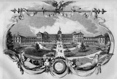 Arquitetura: fachada do hospital conhecido como "Asilo Imperial de Vincennes" para trabalhadores convalescentes inaugurado em 1857. Hoje é chamado "Hospital Nacional de São Maurício", São Maurício (94). Gravura no "Le Monde Illustré" n°20 de 29 de Agosto 1 de French School