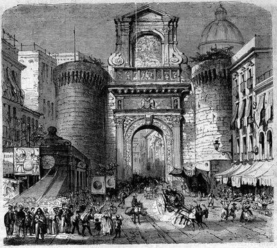 Arquitectura: vista da Porta Capuana (1484) em Nápoles, durante a entrada das tropas da expedição das Mil ou das Camisas Vermelhas de Garibaldi em 1860. Gravura em "Le Monde Illustré" n°180 de 22 de Setembro de 1860. de French School