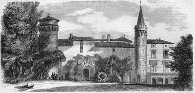 Arquitectura: vista do castelo de Saint Point (Saint-Point) (século XIII), residência de Alphonse de Lamartine. Saone e Loire (71). Gravura em "Le Monde Illustré" n°29 de 31 de Outubro de 1857. de French School