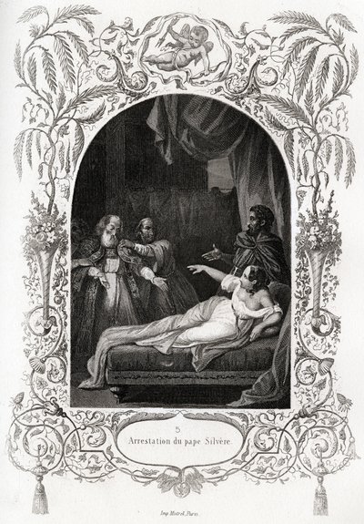 Prisão do Papa Silvere (Silverio) (Papa de 536 a 537). Gravura para ilustrar a Histoire des popes de Maurice Lachatre (1814-1900), librairie du progres, Paris. de French School