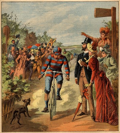 Chegada de uma corrida de ciclismo no campo francês. Gravação em "La Terre Illustree" n°81 de 19 de Maio de 1892. de French School