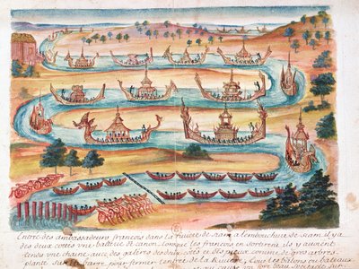 Chegada dos embaixadores franceses ao Sião, a partir de um relato dos jesuítas no Sião, 1688 (wc no papel) de French School