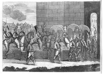 Chegada do Sultão Mustafa em Constantinopla, das Viagens do Sr. A. de la Motraye na Europa, Ásia e África, publicado em 1727 de French School
