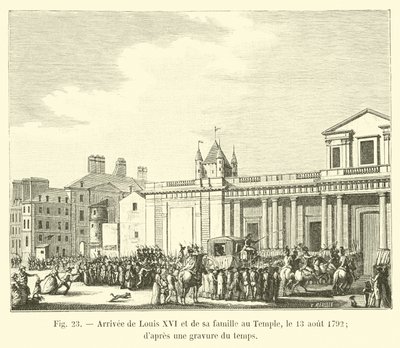 Chegada de Luís XVI e sua família no Templo, 13 de agosto de 1792; depois de uma gravura de tempo de French School